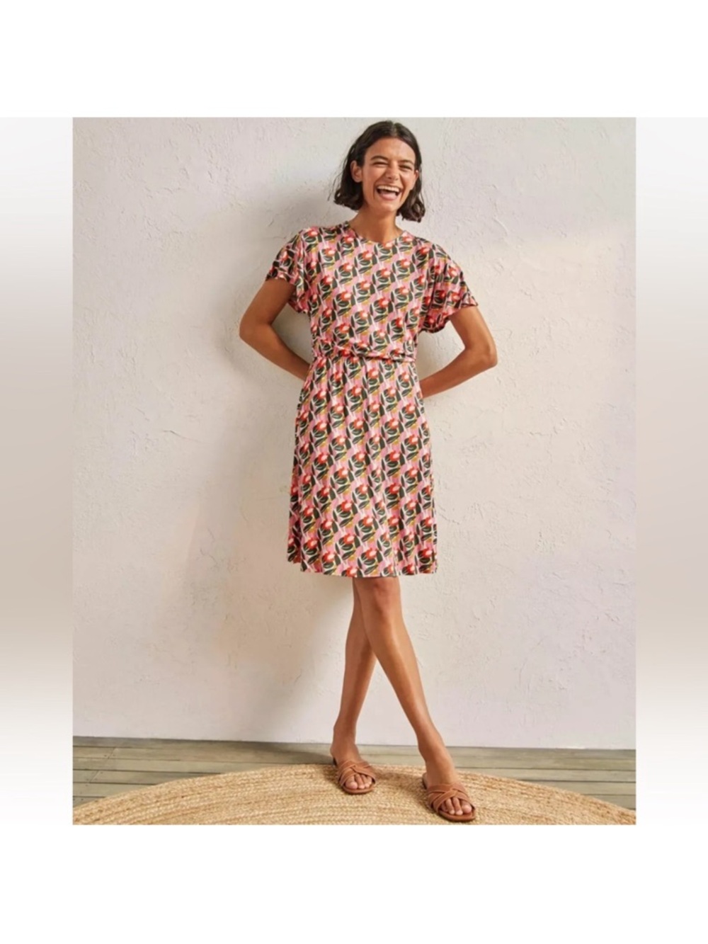 🩷NWOT Boden Pink Red Abstract Bloom Poppy Floral Flutter Sleeve Jersey Dress 8🩷
